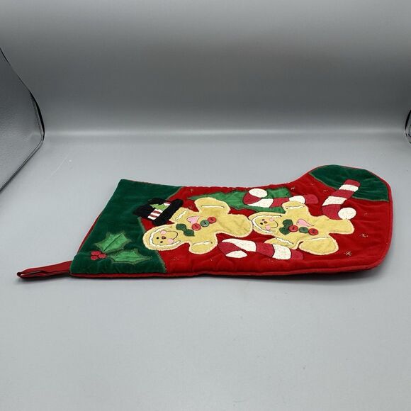 Vintage Gingerbread Kids Vevlety Christmas Stocking Candy Canes Holly Tree 16" L - Picture 6 of 8